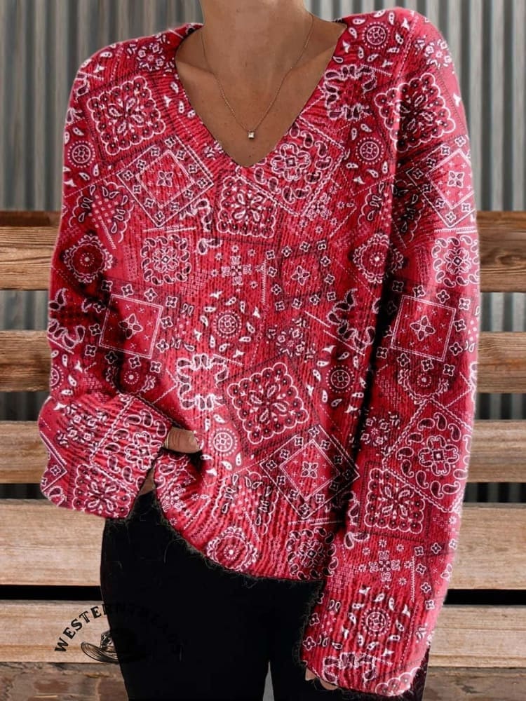 Red Perlis Print Casual Sweatshirt