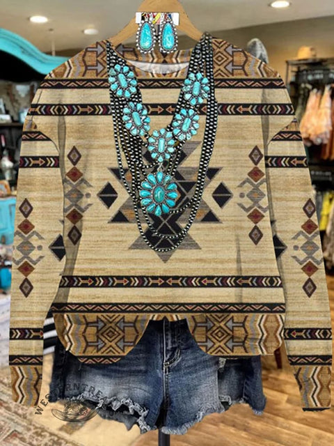Camel Aztec Art Print Casual Sweatshirt