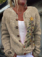 Retro Christmas Tree Print Buttoned Cardigan Sweater