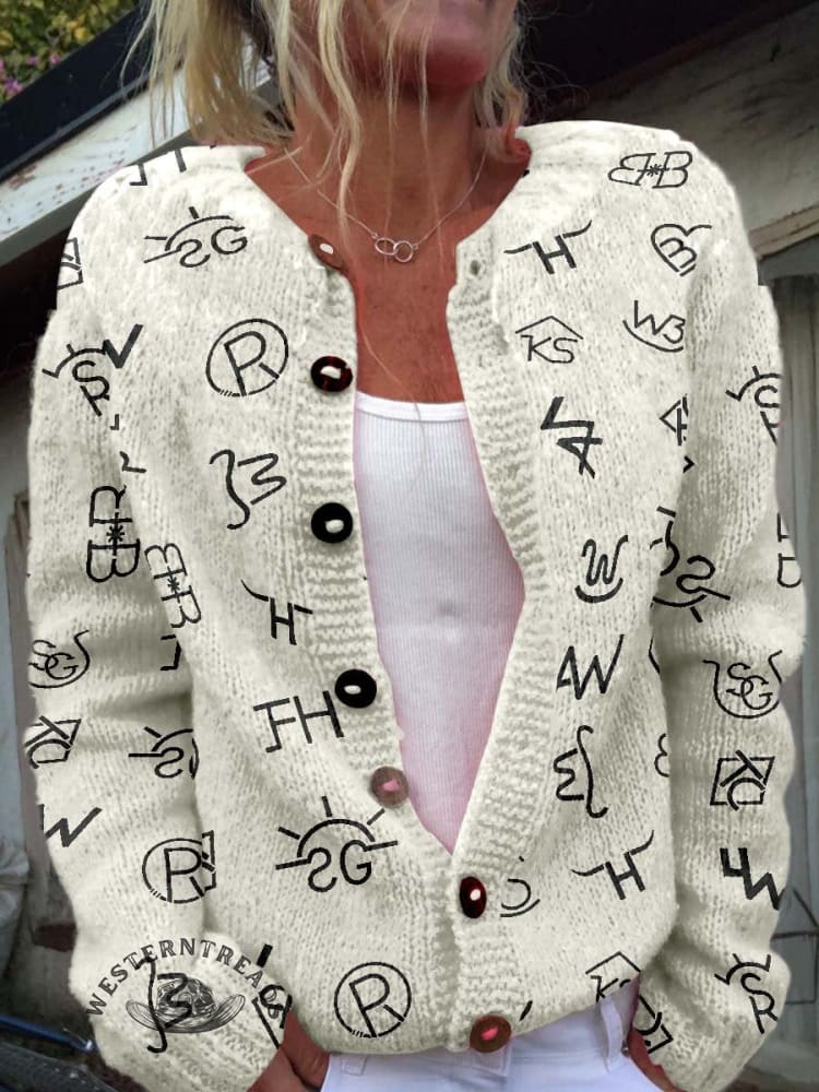 Western Cattle Brands Print Buttoned Cardigan Sweater