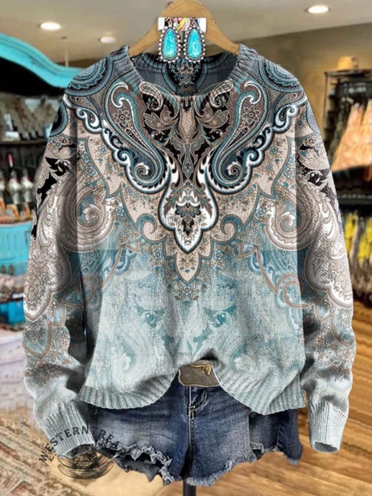 Paisley Print Knit Pullover Sweater