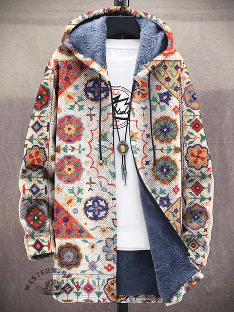 Unisex Retro Tribal Graphic Symmetrical Pattern Texture Print Plush Thickened Long Sleeve Cardigan Jacket