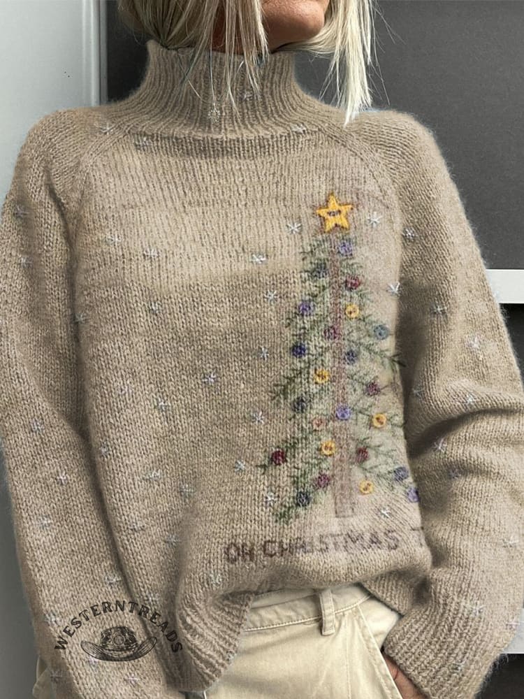 Retro Christmas Tree Print Knit Turtleneck Pullover Sweater