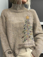 Retro Christmas Tree Print Knit Turtleneck Pullover Sweater