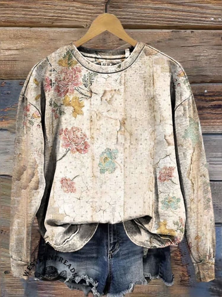 Colorblock Floral Art Print Casual Sweatshirt