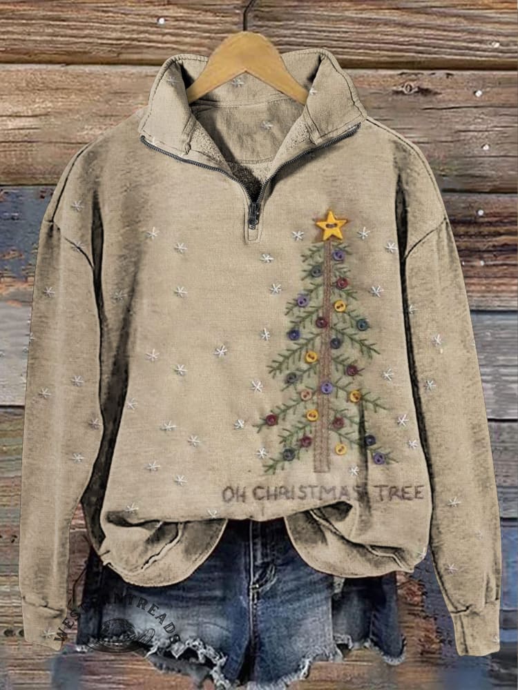 Retro Christmas Tree Casual Long Sleeve Zip Sweatshirt
