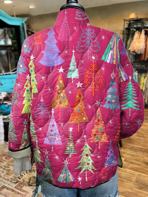 Women's Pink Christmas Tree Art Print Casual Quilted Jacket