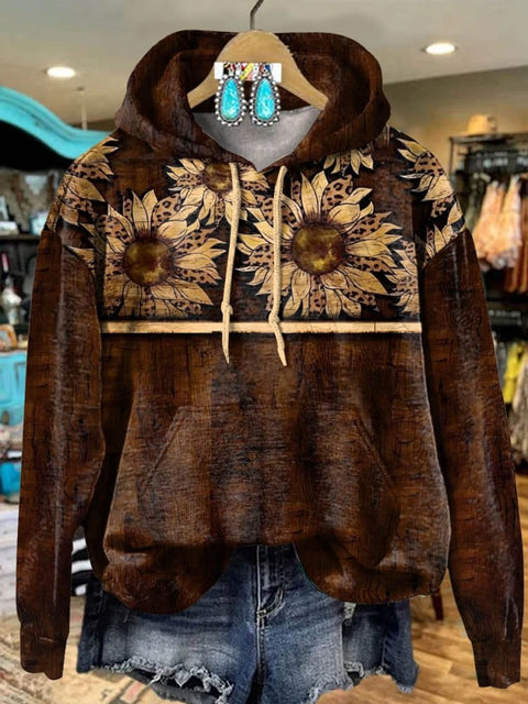 Retro Sunflower Leopard Art Print Casual Hoodie Sweatshirt