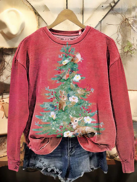 Christmas Tree Bird Rabbit Deer Animal Flower Print Casual Sweatshirt