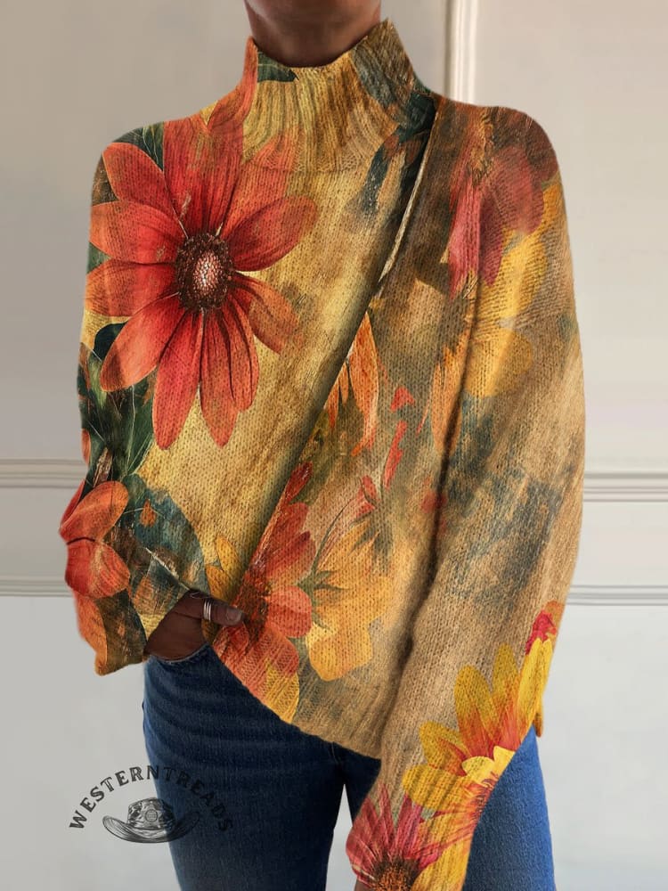Vintage Plants Flowers Art Print Knit Turtleneck Pullover Sweater