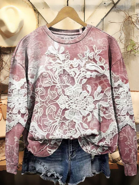 Women's Floral Texture Art Print Casual Crew Neck Sweatshirt