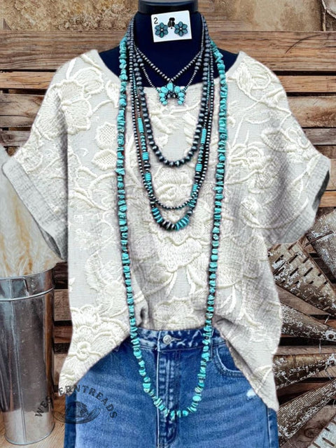 Women's Floral Texture Art Print Casual Cotton And Linen Shirt