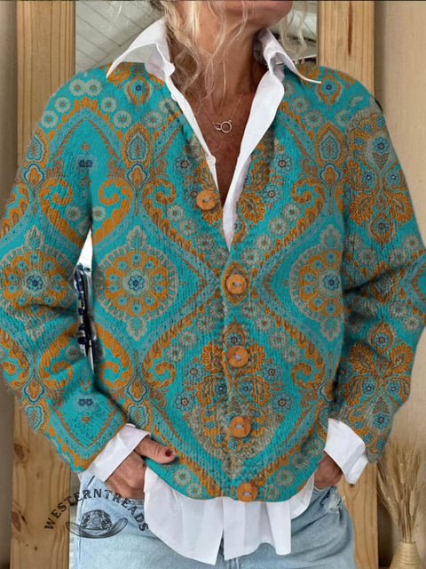 Retro Cyan Ethnic Flowers Print Buttoned Cardigan Sweater