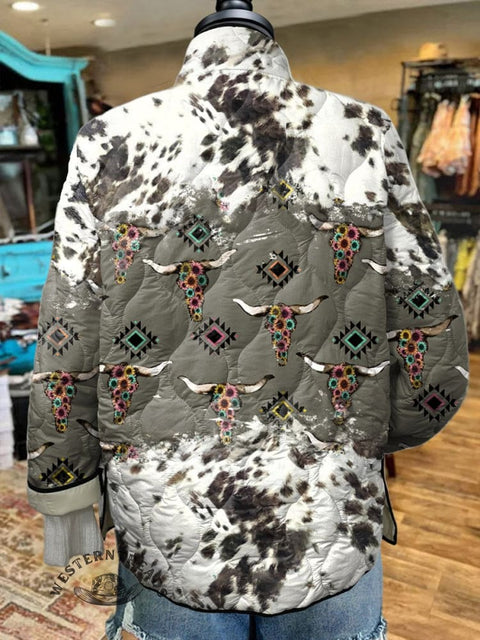 Women's Cow Texture Aztec Art Print Casual Quilted Jacket