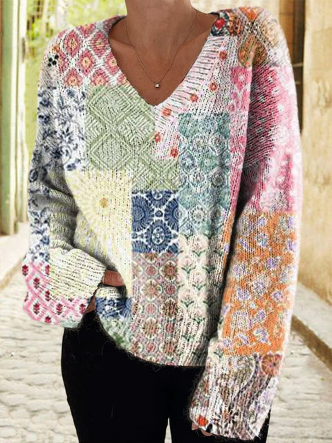 Women's Floral Panel Casual V Neck Pullover Sweater