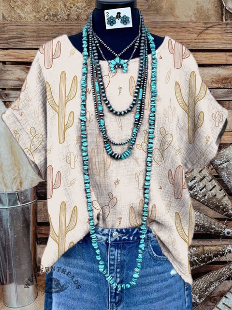 Women's Western Cactus Print Casual Cotton And Linen Shirt