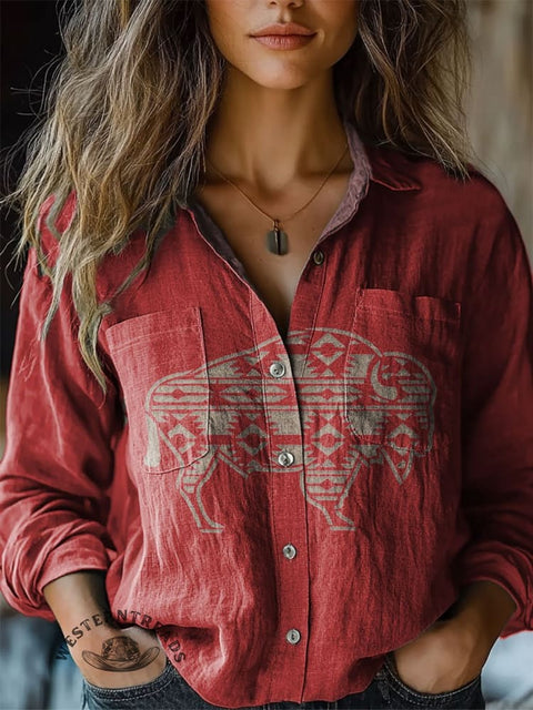 Women's Western Cow Print Casual Long Sleeve Comfortable Cotton Shirt