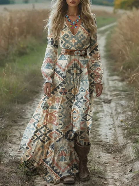 Women's Retro Aztec Art Print Pocket Cotton Dress
