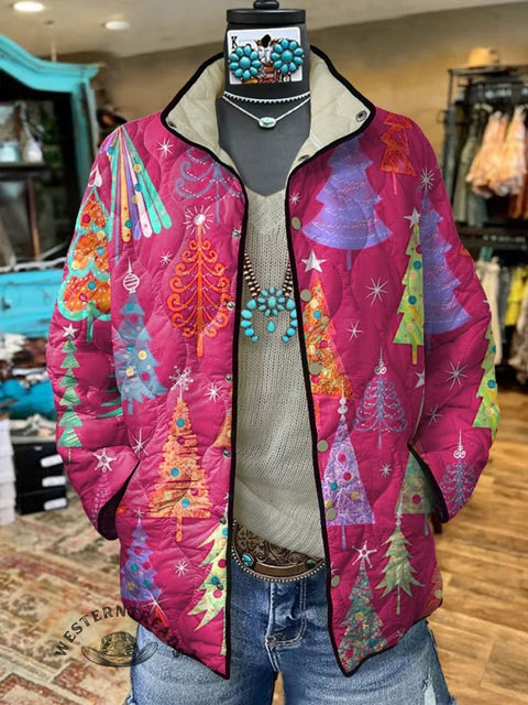 Women's Pink Christmas Tree Art Print Casual Quilted Jacket