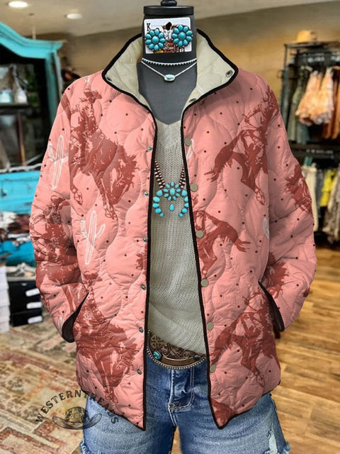 Women's Pink Western Cowgirl Print Casual Quilted Cardigan