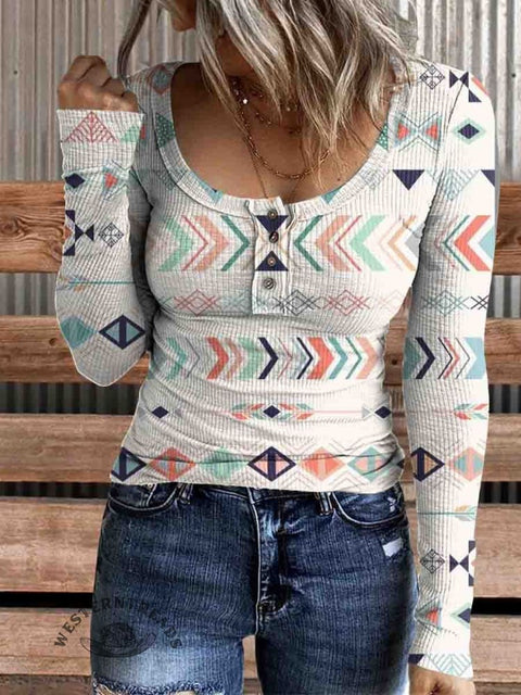 Women's Western Print Comfortable Henley Top