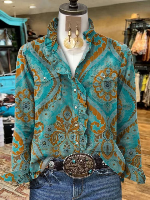 Women's Classic Western Print Casual Long Sleeve Comfortable Cotton Shirt