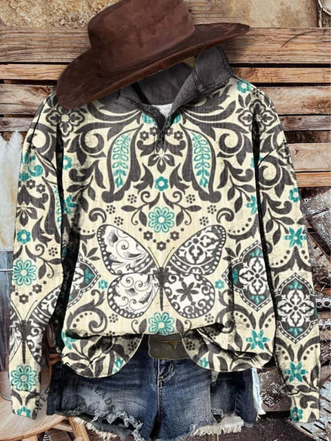 Vintage Butterfly Floral Art Print Casual Long Sleeve Zip Sweatshirt