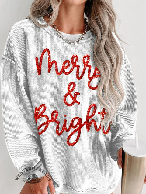 Christmas Sparkly Glitter Merry and Bright  Women's Casual Print Sweatshirt