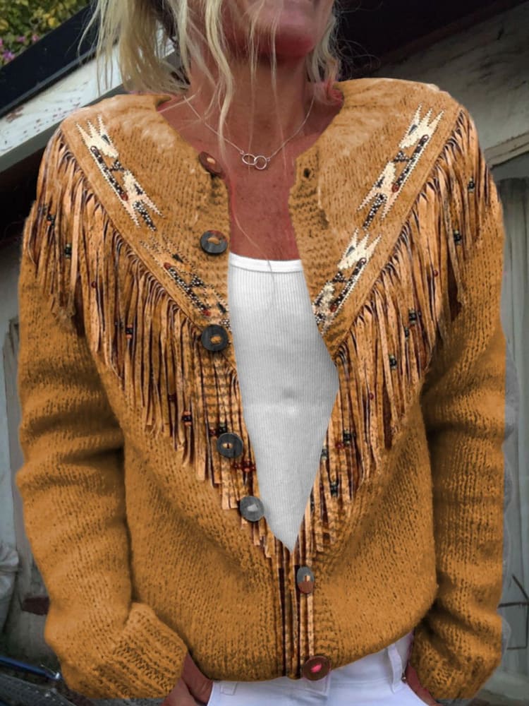 Yellow Ethnic Geometry Art Print Buttoned Cardigan Sweater