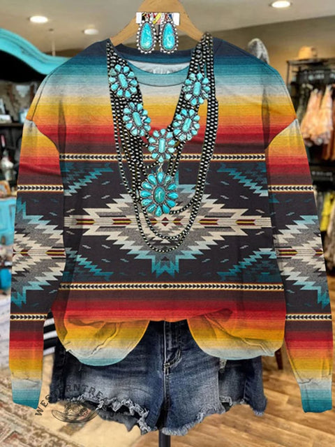 Color Stripes Aztec Art Print Casual Sweatshirt