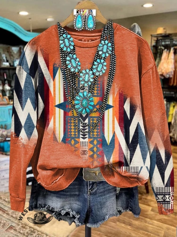 🔥Hot Sale🔥Blue Aztec Print Casual Sweatshirt