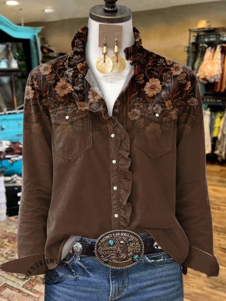 Women's Brown Flower Print Casual Long Sleeve Comfortable Cotton Shirt