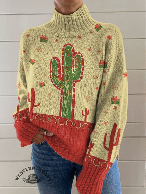 Christmas Cactus Printing Knit Turtleneck Pullover Sweater