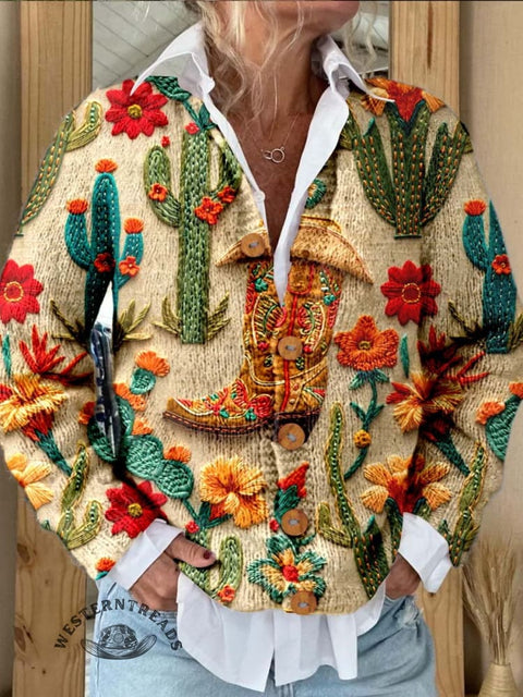 Cactus Print Buttoned Cardigan Sweater
