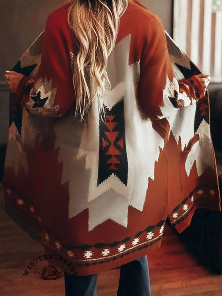 Women's Ethnic Retro Print Lapel Long Coat