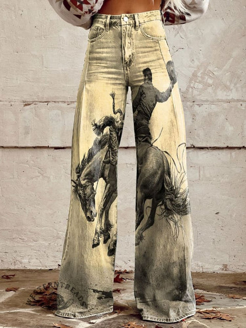 Women's Wild West Cowboy Art Print Casual Wide Leg Pants