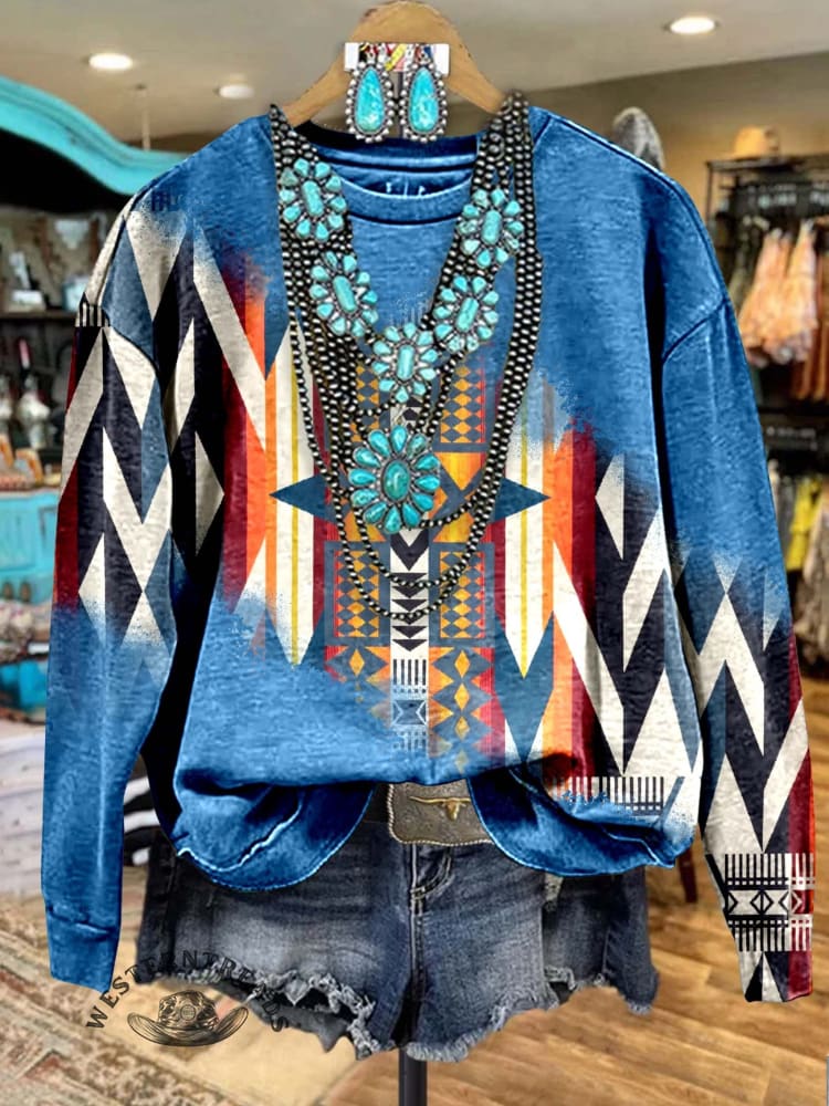 🔥Hot Sale🔥Blue Aztec Print Casual Sweatshirt
