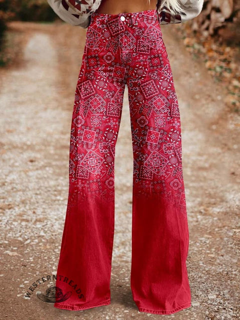 Women's Red Paisley Print Casual Wide Leg Pants