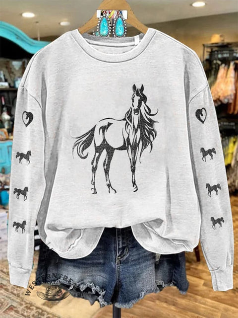 Retro Horse Print Casual  Sweatshirt
