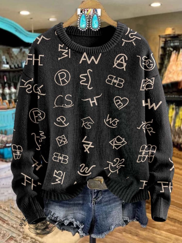 Western Cattle Brands Print Knit Pullover Sweater