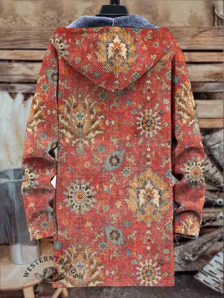 Retro Ethnic Pattern Print Unisex Plush Thick Long-Sleeved Sweater Cardigan Coat