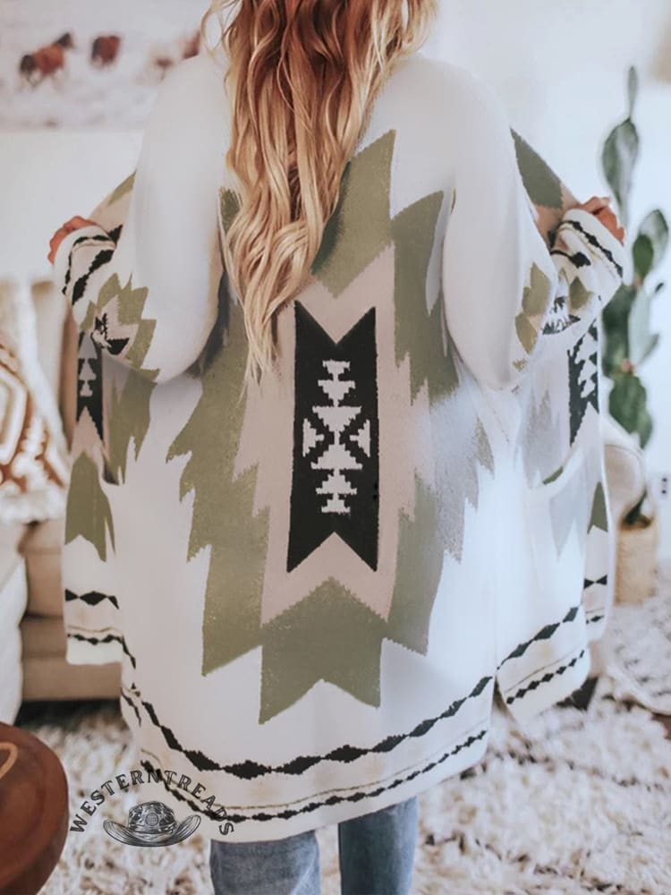 Women's Ethnic Retro Print Lapel Long Coat