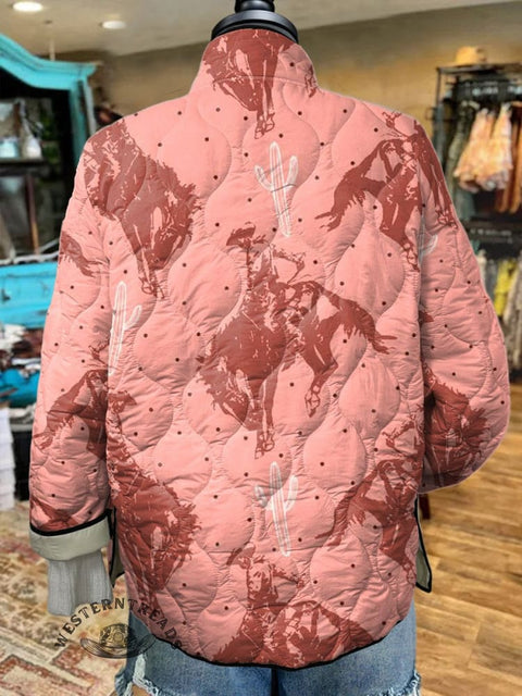 Women's Pink Western Cowgirl Print Casual Quilted Cardigan