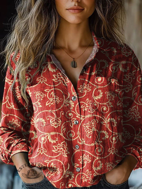Women's Retro Red Vine Flowers Print Casual Long Sleeve Comfortable Cotton Shirt