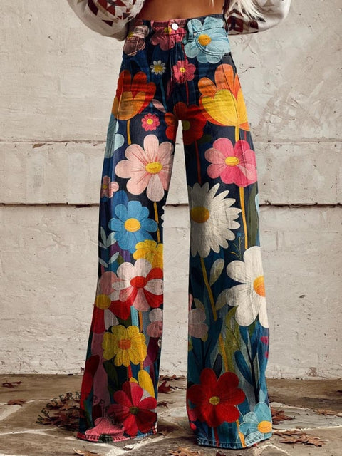 🔥Limited Time Discount🔥Women's Colorful Flower Geometric Pattern Print Casual Wide Leg Pants