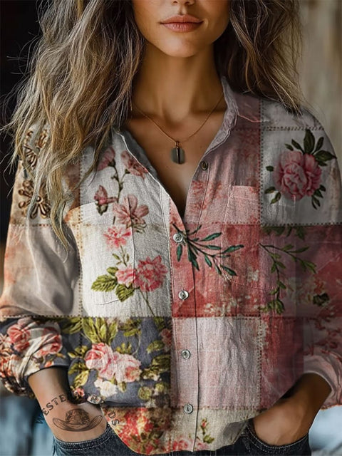 Women's  Pink Floral Print Casual Long Sleeve Comfortable Cotton Shirt