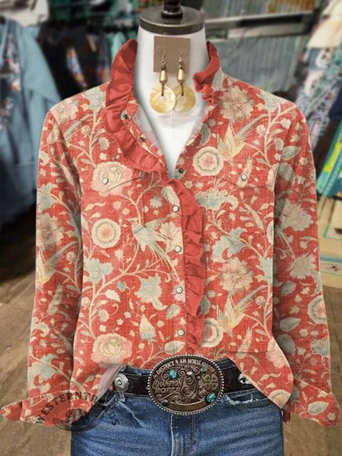Women's Flowers and Birds Print Casual Long Sleeve Comfortable Cotton Shirt