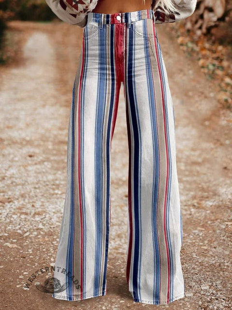 Women's Multicolor Geometry Vertical Stripes Print Casual Wide Leg Pants