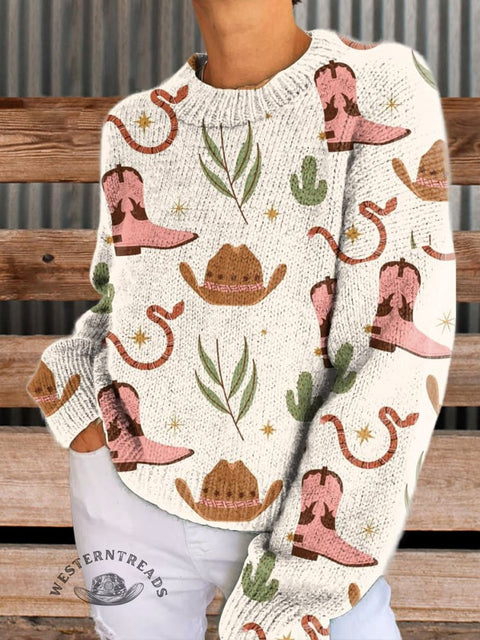 Women's Western Cowgirl Boots Hat Print Casual V-neck Pullover Knit