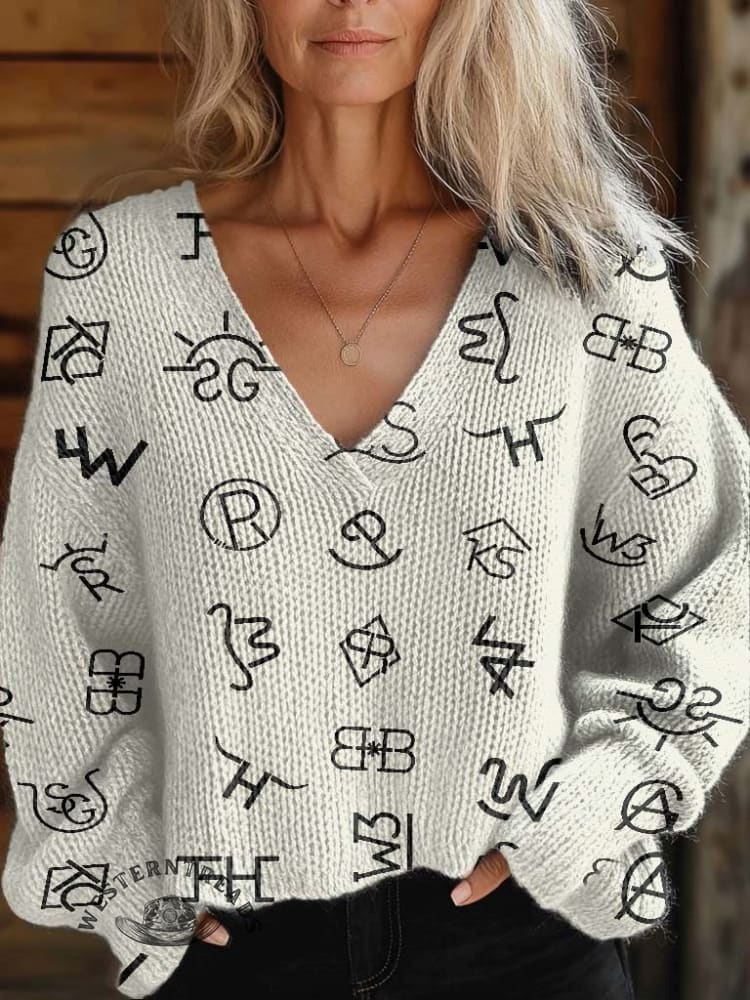 Women's Western Cattle Brands Print Casual V-neck Pullover Knit